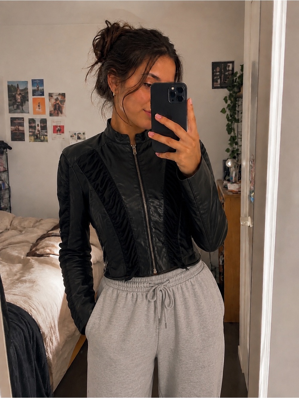 Black Women's Cropped Moto-Style Jacket - Classic Leather Look